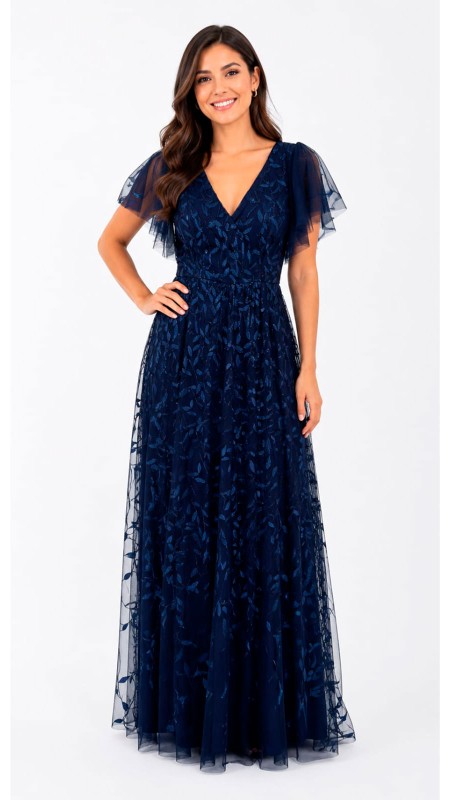 VESTIDO AZUL MARINO CON MANGAS DE TULL EN LOS BRAZOS ESTAMPADO DE HOJAS