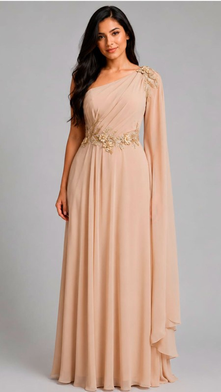 VESTIDO COLOR CREMA CAMEL TELA SEDA CON UNA SOLA MANGA CON CAPA