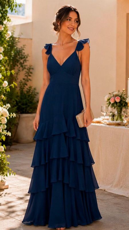 VESTIDO AZUL MARINO DE GASA CON VOLADOS