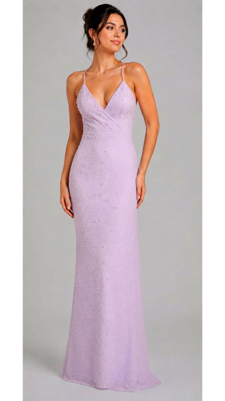 VESTIDO COLOR LILA CLARO CON PERLAS