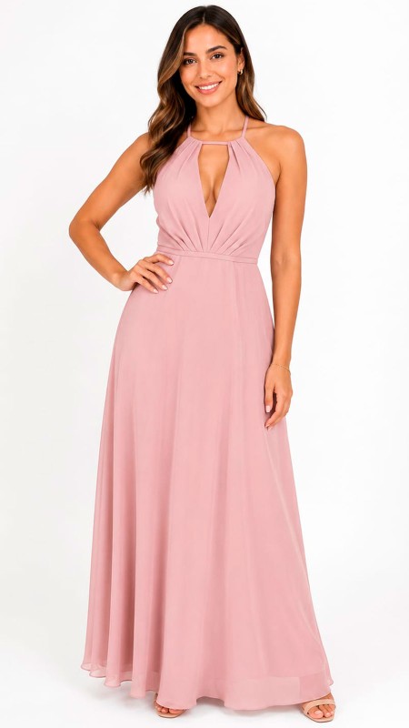 VESTIDO ROSA PASTEL EN TELA SEDA CON ESCOTE EN LA ESPALDA