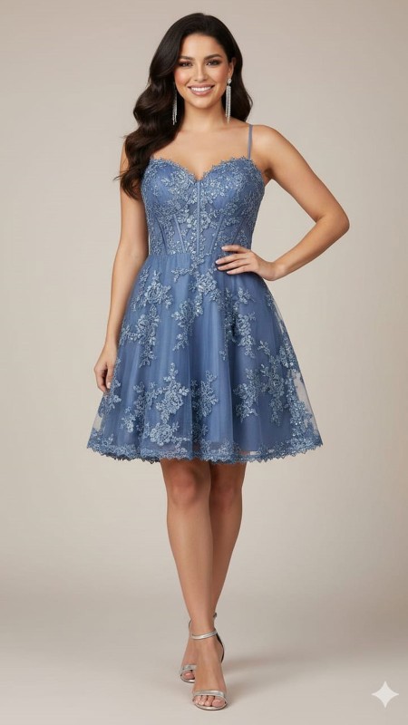 VESTIDO CORTO CELESTE CON ENCAJE Y BRILLOS