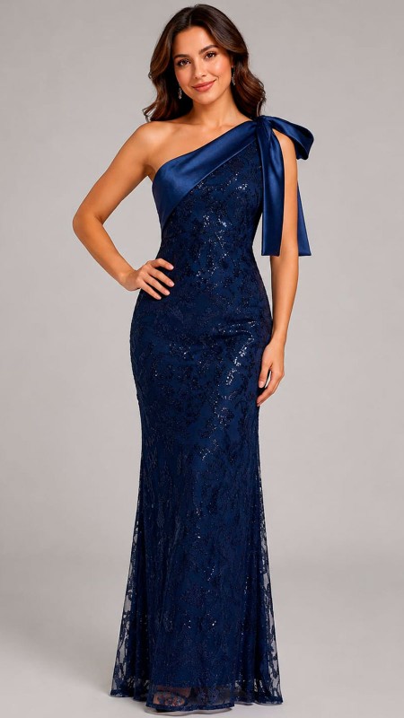 VESTIDO ESTAMPADO AZUL MARINO OSCURO BRILLOSO CON DETALLE DE MOÑO EN EL HOMBRO