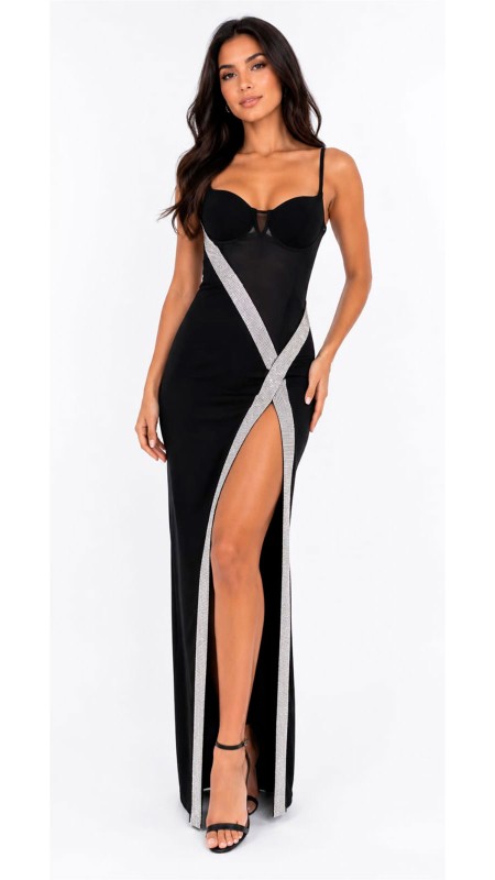 VESTIDO NEGRO TELA LICRA CON ABERTURA EN LA PIERNA Y DETALLES DE BRILLO