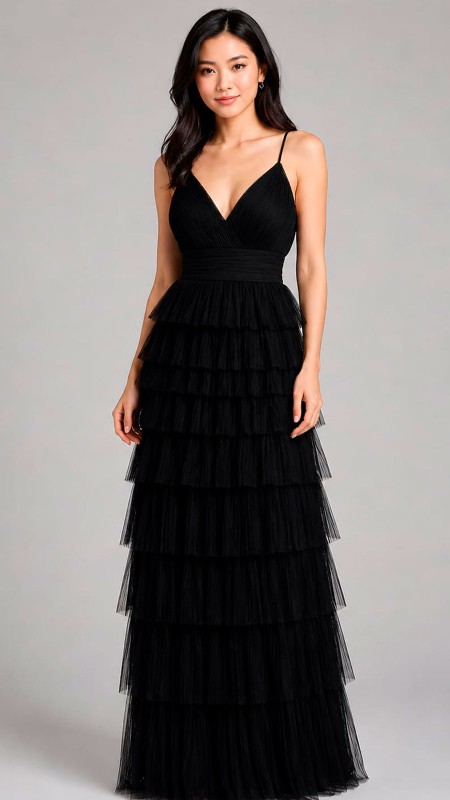 VESTIDO NEGRO EN CAPAS CORTE TUBO