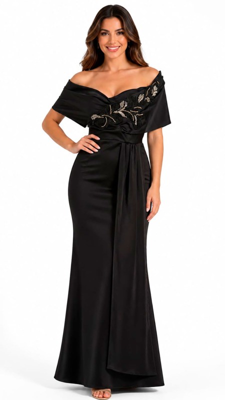VESTIDO NEGRO EN TELA LICRA SATINADA CORTE SIRENA