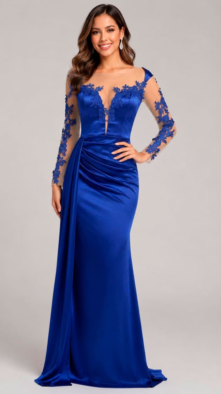 VESTIDO AZUL ELECTRICO CON MANGAS LARGAS CON FLORES EN RELIEVE TELA SATINADA