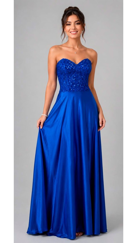 VESTIDO AZUL ELECTRICO EN ESTRAPLE TELA SATINADA EN LA PARTE DE ABAJO CORTE PRINCESA