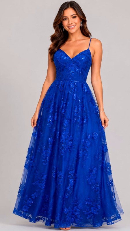 VESTIDO AZUL ELECTRICO ESTAMPADO DE ROSAS Y CORTE PRINCESA CON ESCOTE EN LA ESPALDA