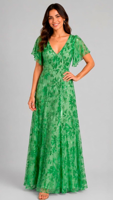 VESTIDO VERDE CLARO EN TELA BRILLOSA ESTAMPADA CON MANGAS CORTAS