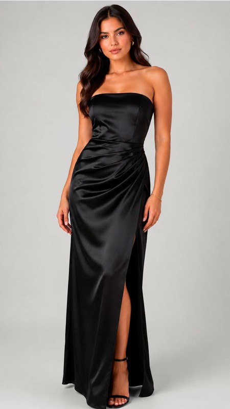 VESTIDO COLOR NEGRO ESTRAPLE EN TELA SATINADA CON ESCOTE EN LA ESPALDA