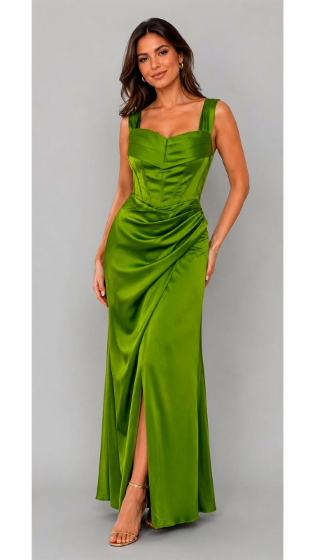 VESTIDO COLOR VERDE BANDERA EN TELA SATINADA CON CORSET