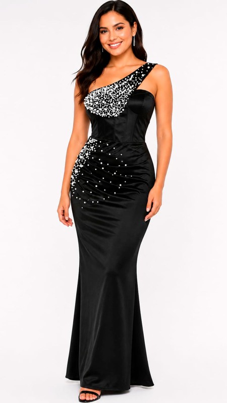 VESTIDO NEGRO TELA LICRA SATINADA CON DETALLES DE PERLAS ASIMETRICO