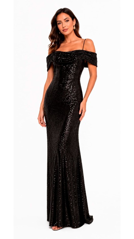 VESTIDO NEGRO LLENO DE LENTEJUELAS TELA RIGIDA MANGA PRINCESA