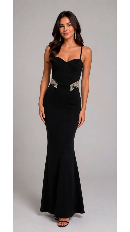 VESTIDO NEGRO TELA LICRA CON DETALLES DE PERLAS A AMBOS LADOS DE LA CINTURA