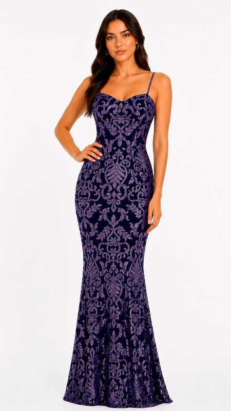 VESTIDO MORADO TORNASOL CON LENTEJUELAS EN ESTAMPADO Y CORSET