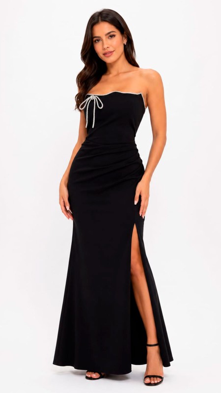 VESTIDO COLOR NEGRO CON DETALLES DE BRILLOS EN LA PARTE DEL ESTRAPLE TELA LICRA