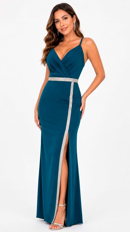 VESTIDO COLOR VERDE CALIPSO CON BRILLOS ESCOTE EN V