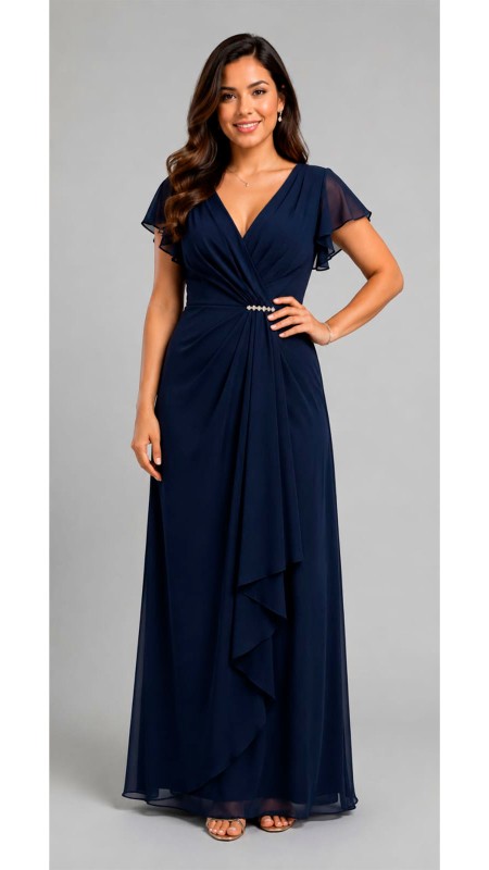 VESTIDO COLOR AZUL MARINO EN TELA SEDA CON MANGAS CORTAS