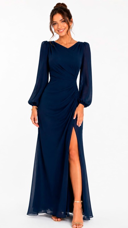 VESTIDO AZUL MARINO OSCURO CON MANGAS LARGAS EN TELA SEDA