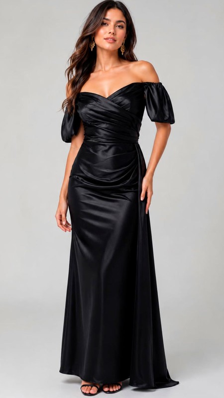 VESTIDO NEGRO TELA SATINADA CON MANGAS PRINCESA