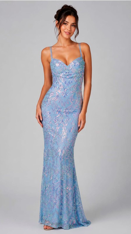 VESTDO CELESTE CLARO TORNASOLADO CORTE SIRENA