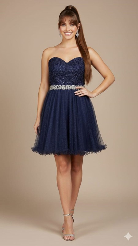 VESTIDO CORTO AZUL MARINO POMPOSO ESTRAPLE