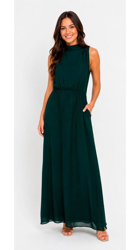 VESTIDO COLOR VERDE OSCURO CUELLO CERRADO TELA SEDA
