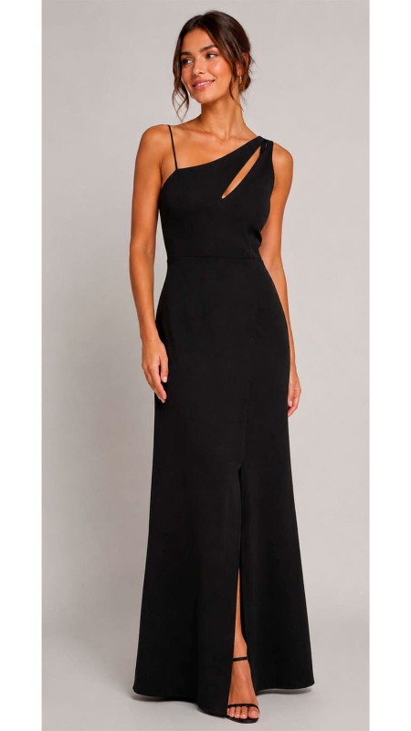 VESTIDO NEGRO TELA LICRA ASIMETRICO CON ABERTURA EN LA PIERNA