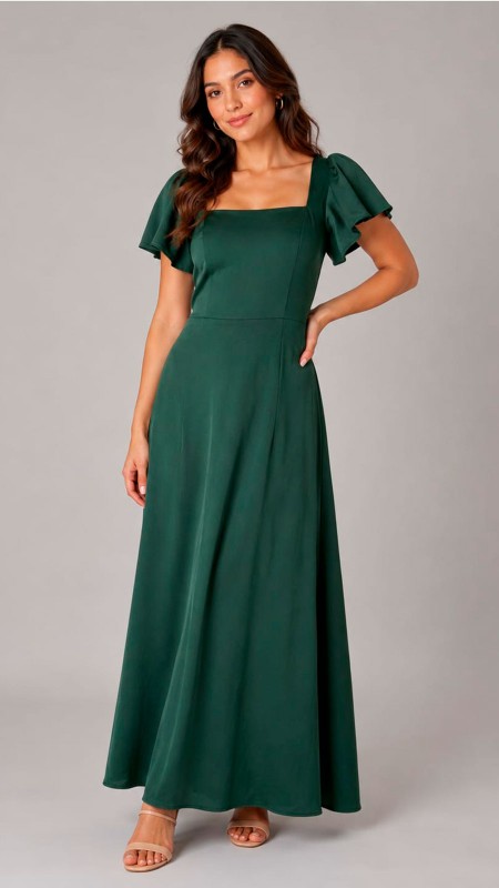VESTIDO VERDE BOTELLA SATINADO CON MANGAS CORTAS