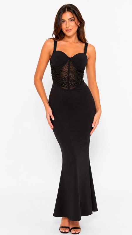 VESTIDO NEGRO TELA LICRA EN LA PARTE DE ABAJO CON TRANPARENCIA EN EL ESCOTE Y PERLAS