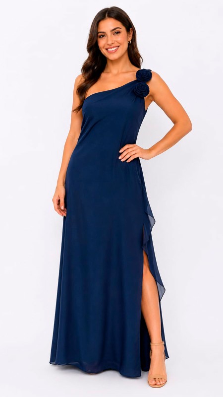 VESTIDO AZUL MARINO TELA SEDA CON DETALLE DE ROSA EN EL HOMBRO