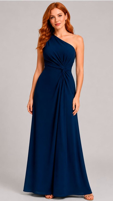 VESTIDO AZUL MARINO OSCURO EN TELA SEDA ASIMETRICO