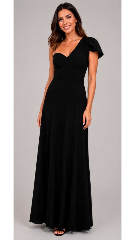 VESTIDO NEGRO ASIMETRICO CON UNA SOLA MANGA CORTA