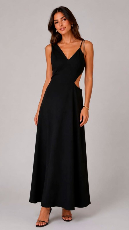 VESTIDO COLOR NEGRO ESCOTE EN V Y ABERTURA EN LA CINTURA