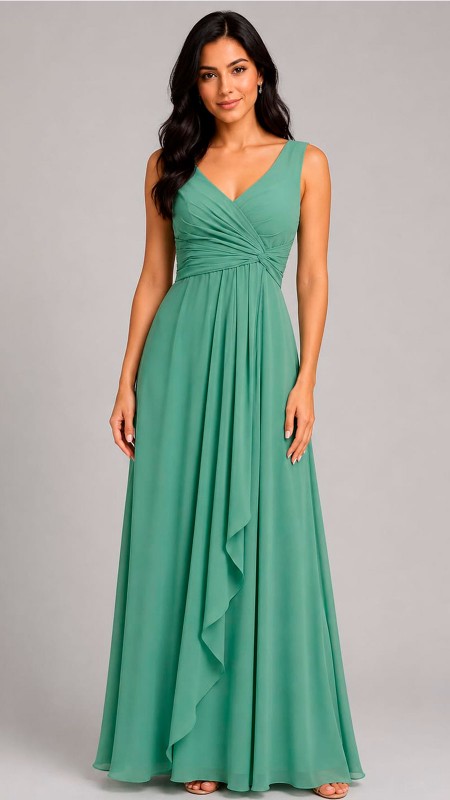 VESTIDO COLOR VERDE AGUA EN TELA SEDA ESCOTE EN V