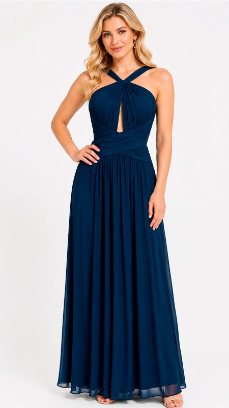 VESTIDO COLOR AZUL MARINO OSCURO TELA SEDA PLIZADA