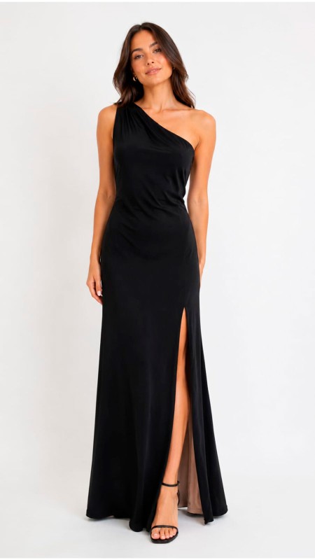 VESTIDO NEGRO TELA LICRA ASIMETRICO CON FORRO ROSA