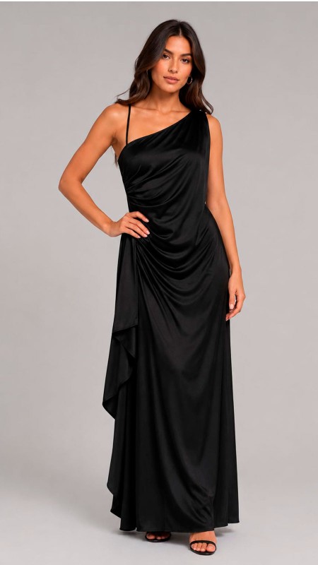 VESTIDO NEGRO EN TELA FRIA ASIMETRICO