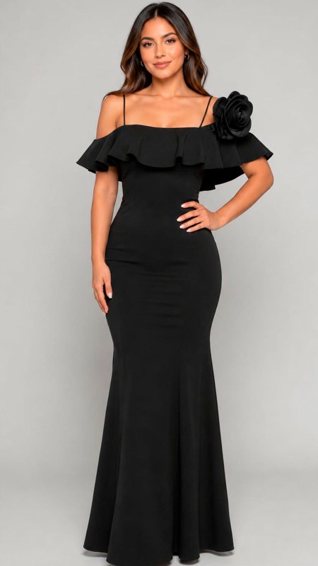 VESTIDO NEGRA LICRA CORTE SIIRENA CON DETALLE DE ROSA EN EL HOMBRO