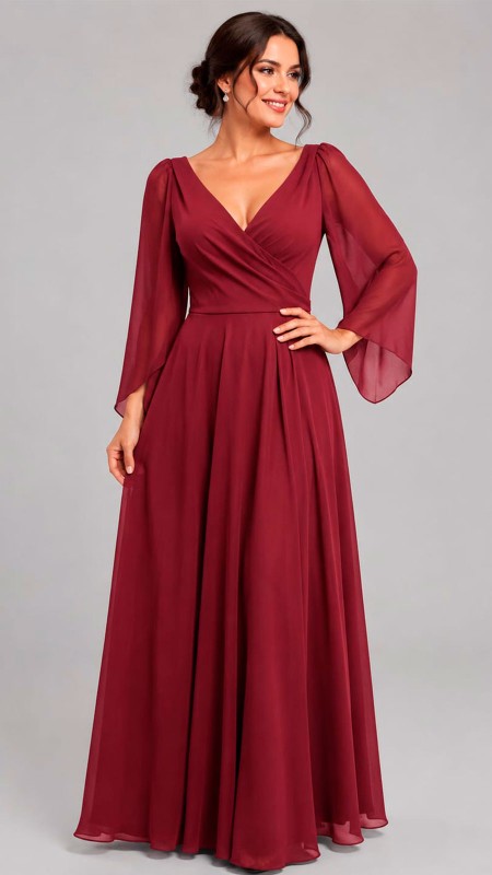 VESTIDO COLOR VINO CON MANGAS LARGAS CORTE PRINCESA