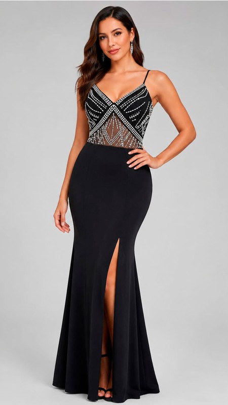 VESTIDO NEGRO CON BRILLOS EN LA PARTE SUPERIOR Y TRANSPARENCIA TELA LICRA ABAJO