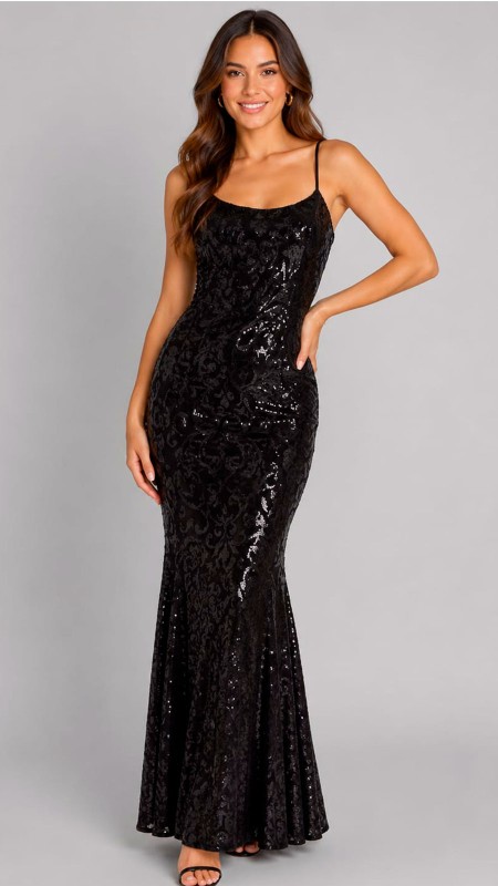 VESTIDO NEGRO DE LENTEJUELAS EN TELA LICRA GRUESA CORTE RECTO