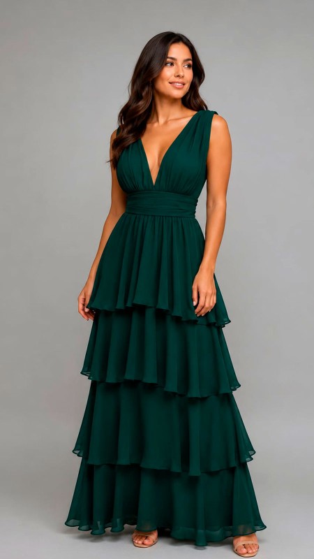 VESTIDO VERDE MILITAR EN CAPAS TELA SEDA