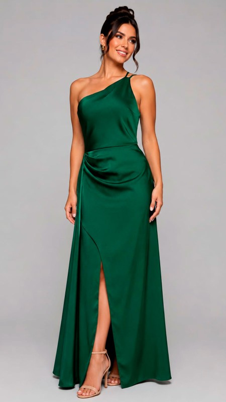 VESTIDO VERDE OSCURO EN TELA SATINADA ASIMETRICO Y CON CAPA