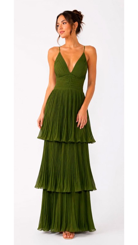 VESTIDO COLOR VERDE SEMI CLARO EN CAPAS CON CORSET EN TELA SEDA
