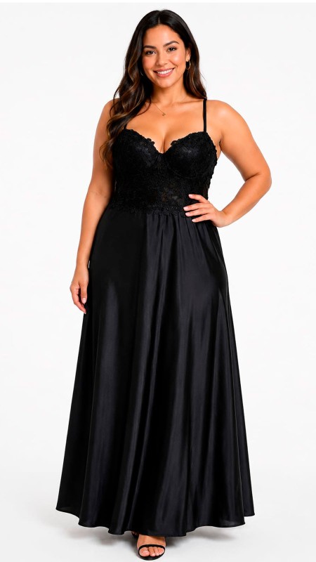 VESTIDO NEGRO CON TRANSPARENCIA EN LA PARTE SUPERIOR TELA SATINADA EN LA PARTE DE ABAJO CORTE A