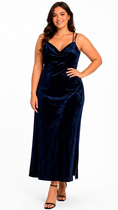 VESTIDO AZUL OSCURO EN TELA GAMUZA ESTAMPADO