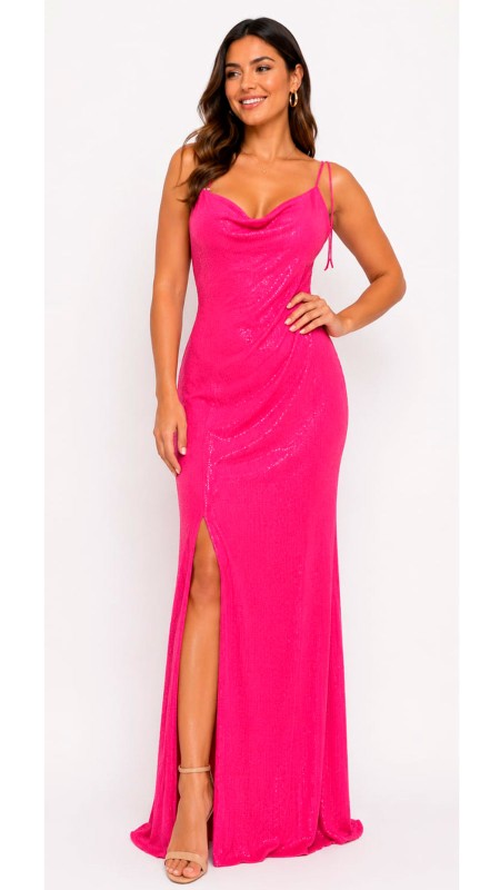 VESTIDO COLOR ROSADO FUERTE CON LENTEJUELAS ASIMETRICO