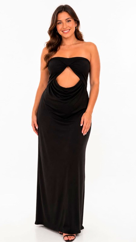 VESTIDO NEGRO ALICRADO CON ESCOTE EN EL ABDOMEN ESTRAPLE